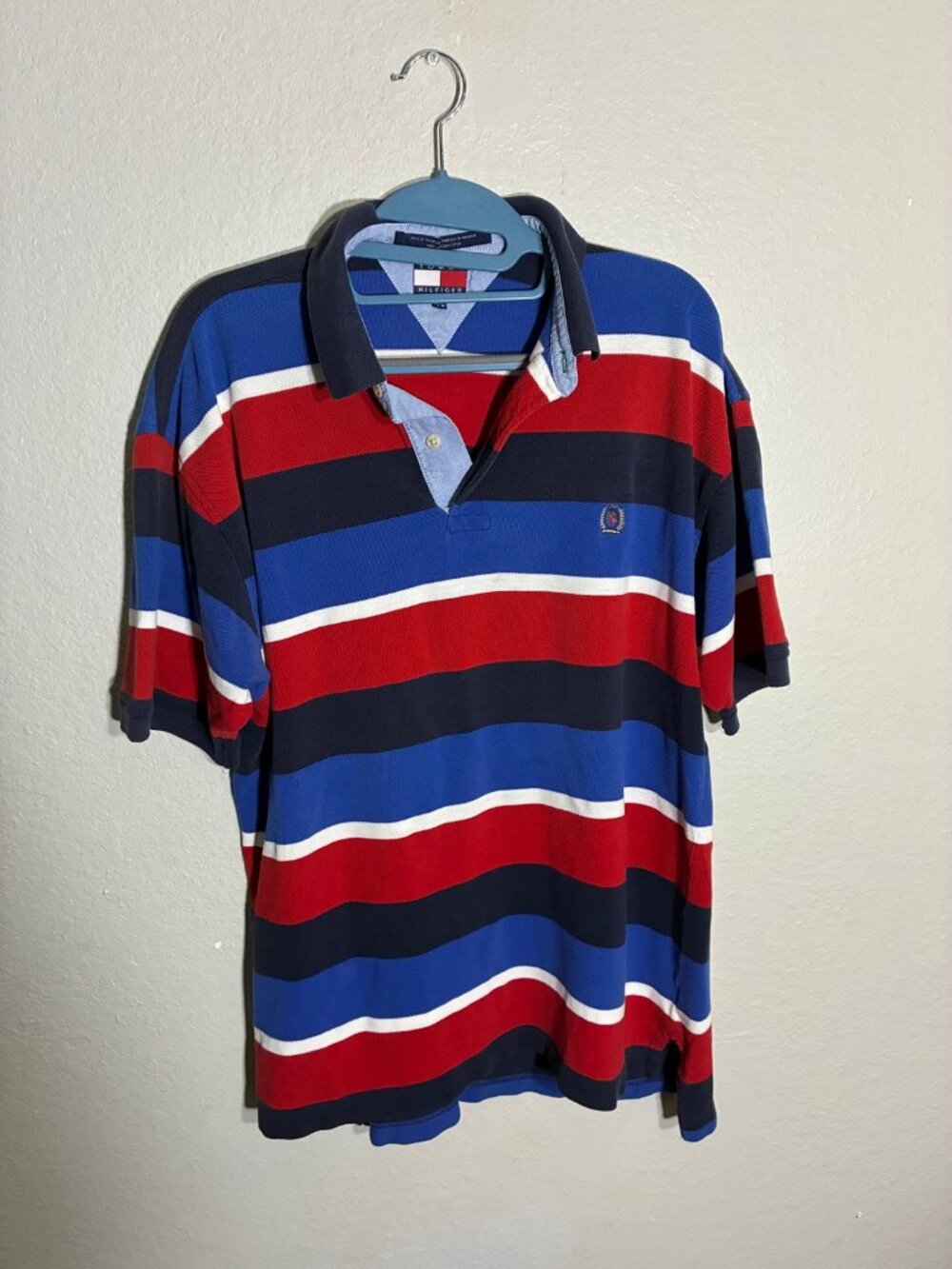 Tommy Hilfiger Striped Polo Shirt Mens Medium Red Blue White Preppy Y2K